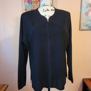 Misook Black Mixed Media Knit Zip-up Cardigan Jacket, Side Slits, EUC, L
